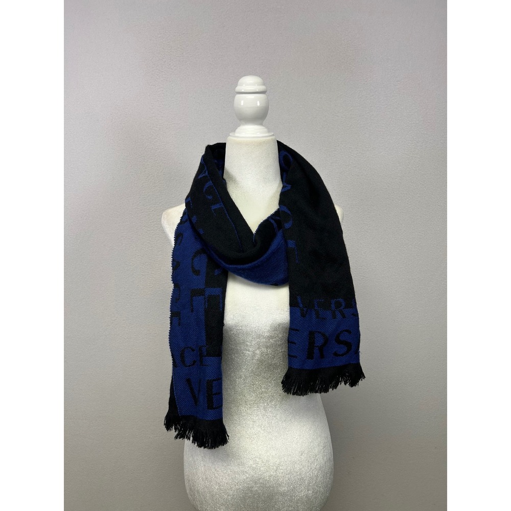 Designer Gianni Versace Unisex OS Blue Black Wool Logo Jacquard Fringed Scarf